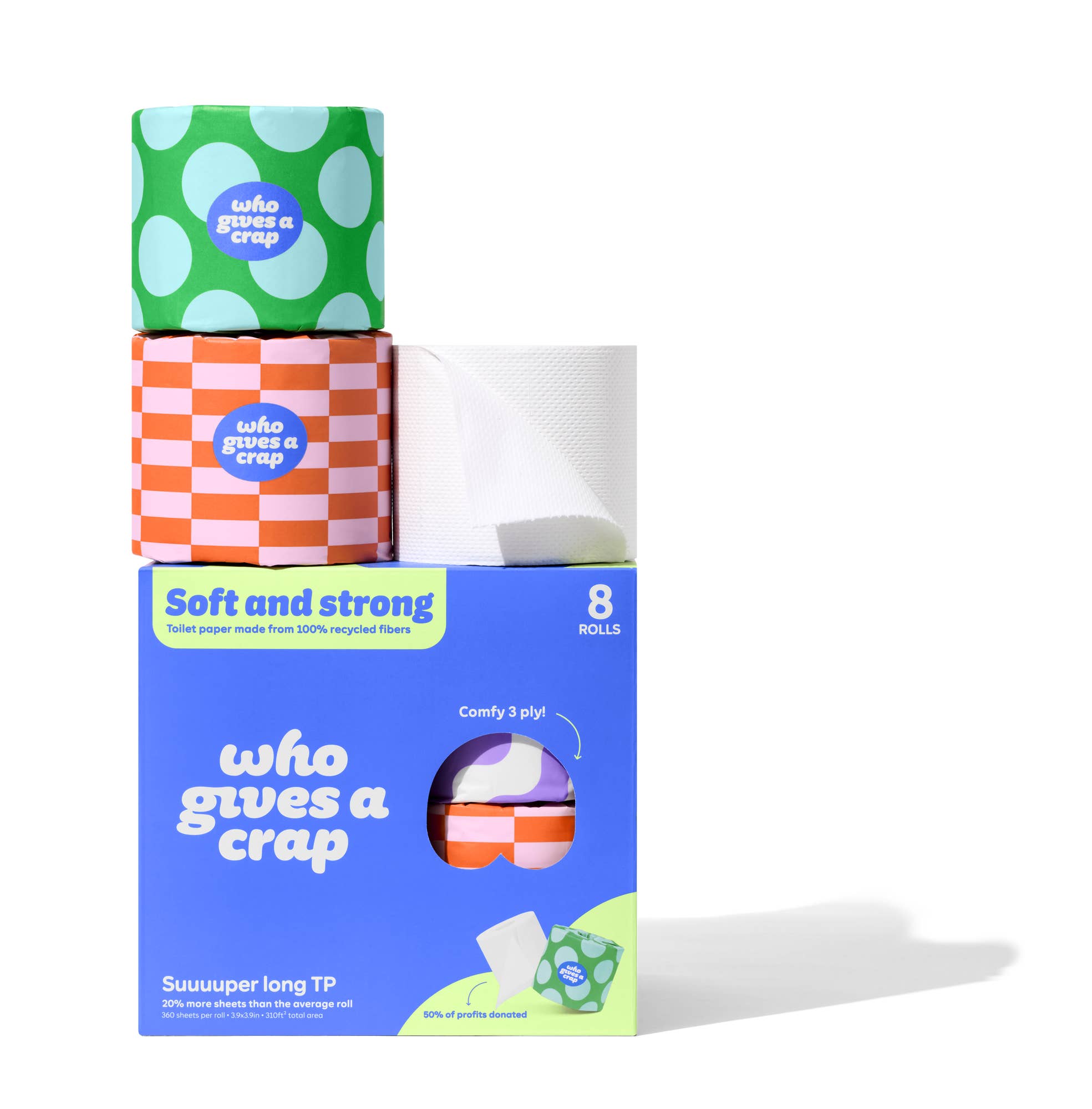 Who Gives A Crap toilet paper rolls in patterned wrappers and box.