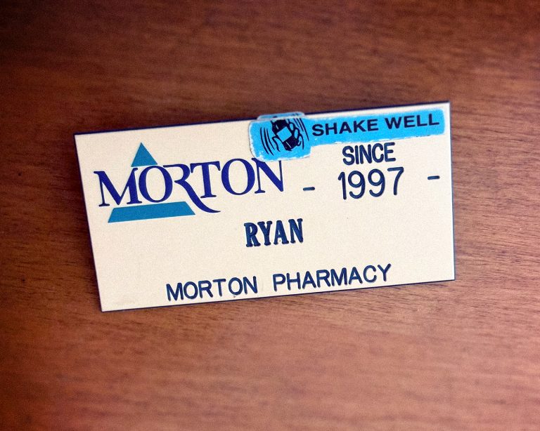Ryan Bender's name tag from Morton Pharmacy in Appleton.