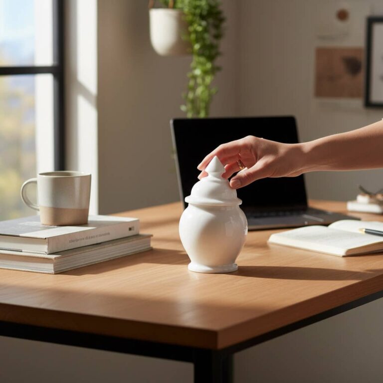 Hand places lid on white ginger jar on desk with laptop and mug.