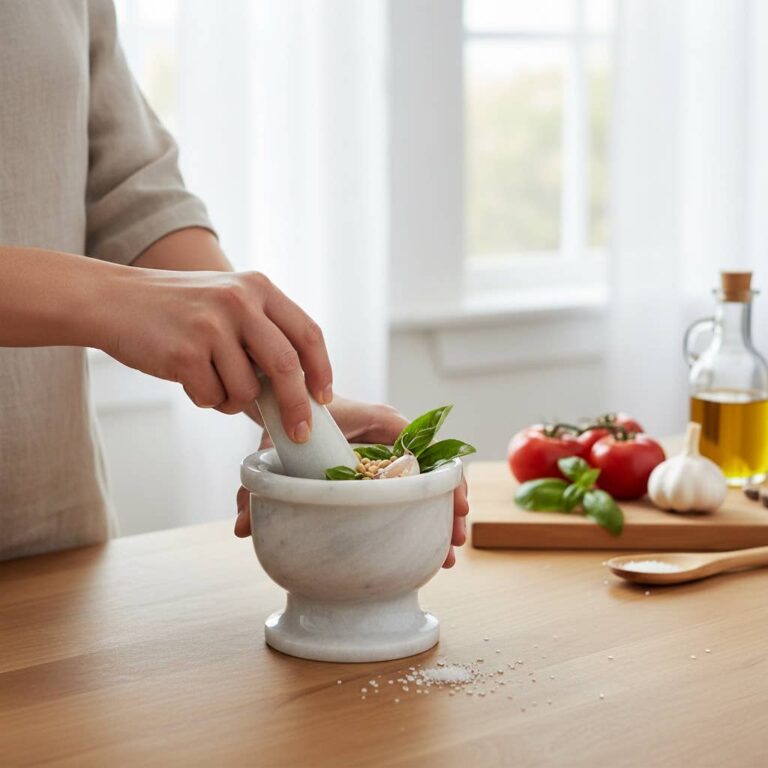 Hands crushing basil, pine nuts, and garlic in a marble mortar and pestle.